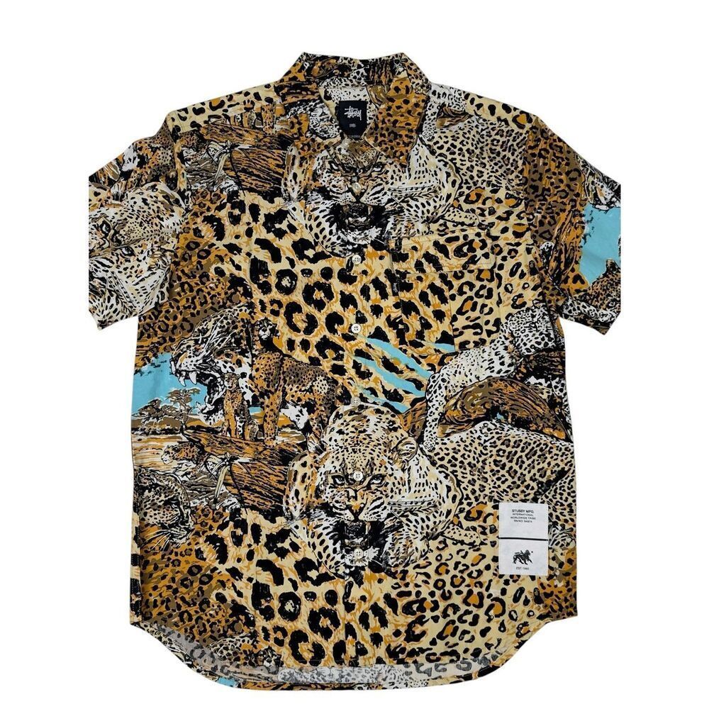 Stussy Wildlife Khaki Mens Button Down Leopard Safari AOP Shirt Size Small
